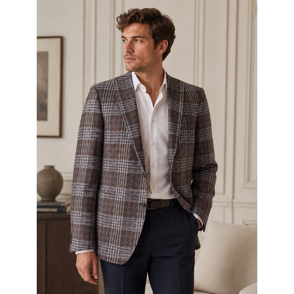 Van Gils Elray Brown Blue Plaid Wool Blend Blazer Jacket Mens 44R